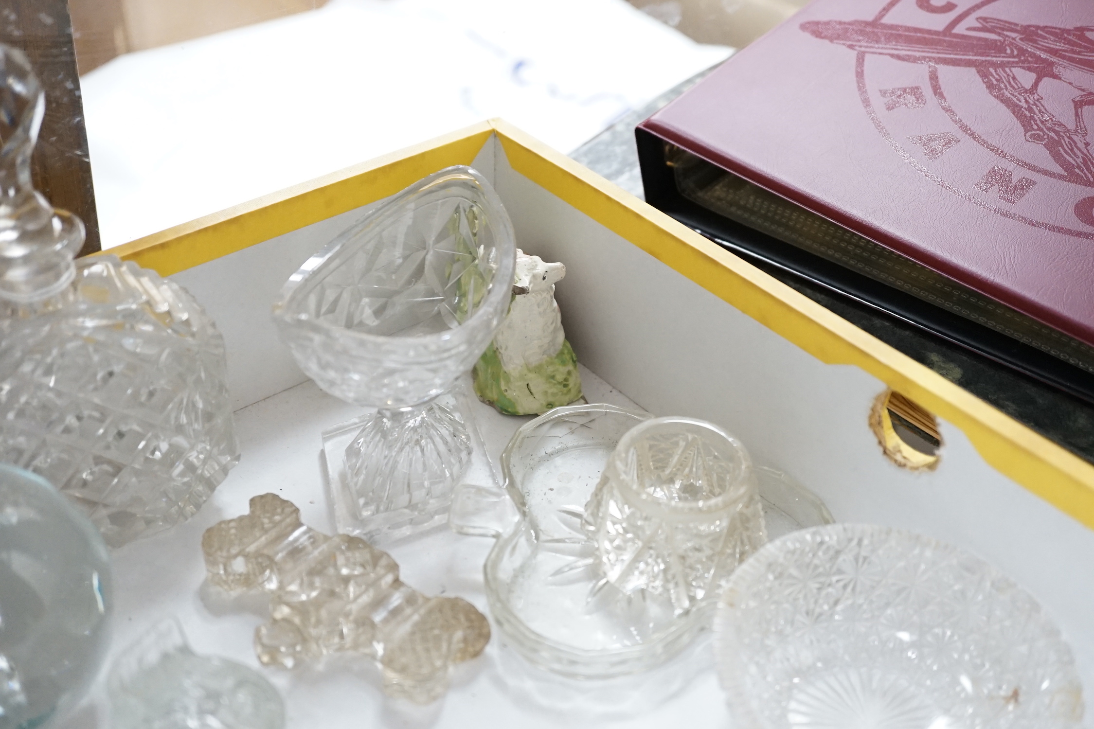 Mixed glass, scent bottles, paperweights, Staffordshire figure etc. (17 items)